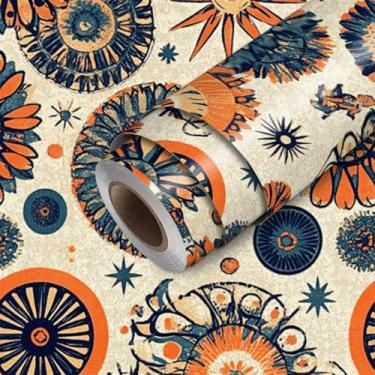 Imagem de HOMETITUTE Papel de parede mandala azul marinho laranja descascar e colar padrão tribal boêmio papel de parede bastão de papel de parede 45 cm x 300 cm revestimento de parede de vinil autoadesivo para