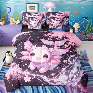 Imagem de Lindo conjunto de cama axolote kawaii, oceano marinho, 7 peças, decoração de quarto de crianças, meninos, réptil, animal, conjunto com lençóis, fronhas e fronhas, tamanho solteiro, Ocean Life1111