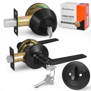 Imagem de ANNFUZ Maçaneta de porta de entrada com chave com combinação de fechadura de cilindro único, trava de alavanca resistente, canhoto e direito, com chave igual (mesmo 4 chaves) fechadura da porta da