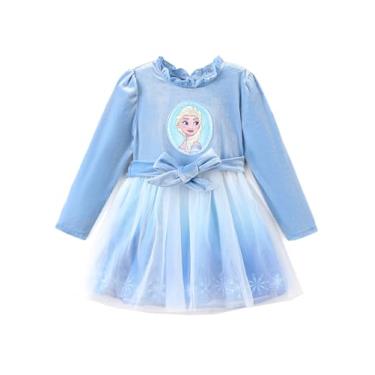 Imagem de Disney Vestido infantil Frozen Elsa Princesa Cinderela Ariel Jasmine Rapunzel para bebê/bebê, manga comprida, com babados e sobreposição de malha, Frozen Else veludo azul, 3-4 Anos