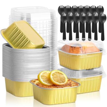Imagem de CXIIPOL Pacote com 35 mini formas quadradas de 142 g com tampas, mini formas de bolo de 9 x 9 cm, copos de alumínio descartáveis para bolo, recipientes para festas, casamentos, aniversários, ouro