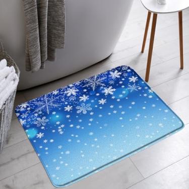 Imagem de AMFD Tapete de banho azul inverno Snowfalke Feliz Natal Ano Novo Feriado Banheiro Banheira Tapetes Capacho Decoração de vaso sanitário, 45,7 x 76,2 cm