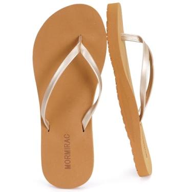 Imagem de MORMIRAC Chinelo feminino de couro fino confortável verão praia tanga suporte arco antiderrapante, Champanhe, 40