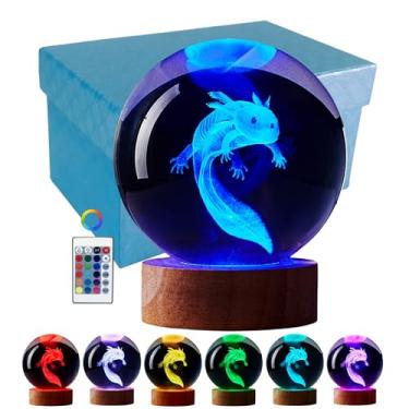 Imagem de Luz noturna com bola de cristal Axolotl, lâmpada de cristal 3D Axolotl de 8,15 cm com base de madeira LED, mudança de 16 cores com controle remoto, embalagem de caixa de presente, ideias de presentes