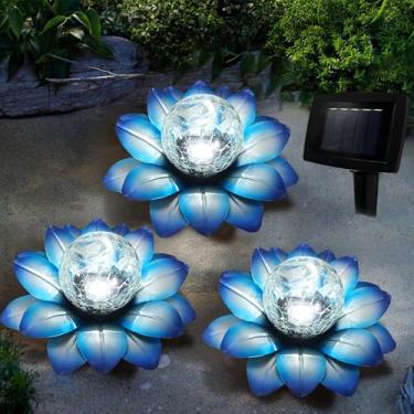 Imagem de LEWIS&WAYNE Luzes solares de jardim ao ar livre, 3 peças de lâmpadas de caminho de flor de lótus azul com globo de vidro rachado branco frio luzes LED para pátio caminho quintal varanda decorações de