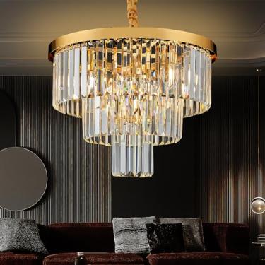 Imagem de YOLIZUOT Lustre de cristal dourado 50,8 cm lustre moderno 3 níveis 6 luzes pingente de luz de cristal de teto lustre redondo para sala de jantar cozinha ilha sala de estar entrada quarto escritório