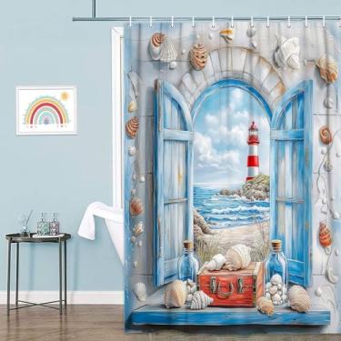 Imagem de VeiVian Cortina de chuveiro de praia para farol oceano, decoração de banheiro de porta de madeira náutica costeira, vista costeira azul vintage, conjunto de cortina de banho de poliéster impermeável