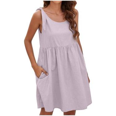 Imagem de Mulheres Verão Casual Sem Mangas O-neck Bandage Vestidos Sólidos Vesti