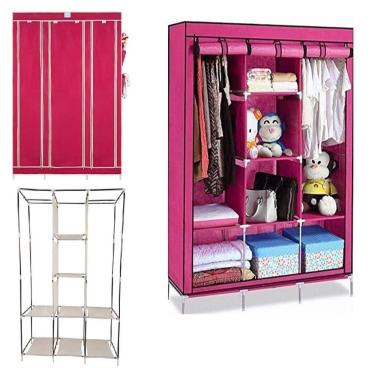 Imagem de Guarda Roupa Cabideiro Portatil Prateleiras Dobravel Armario Arara Grande Organizador Camping Rosa