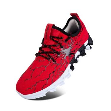 Imagem de BULLZINE Tênis de corrida infantil para meninos e meninas, leve, respirável, casual, pequeno/grande, Vermelho e branco, 21