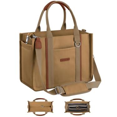 Imagem de BESBESME Bolsa feminina de lona com zíper e compartimentos – Bolsa tiracolo tiracolo com vários bolsos para laptop, Marrom, Large, Organizador embutido