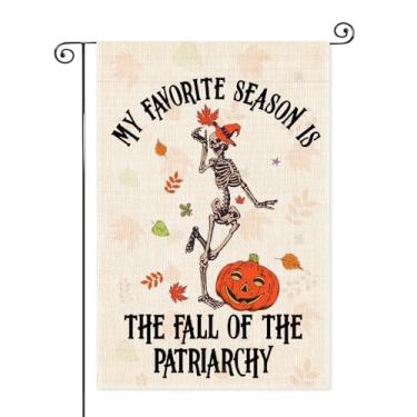 Imagem de SRWNFOS My Favorite Season Is The Fall Of The Patriarchy Garden Flag, bandeira dupla face para decoração ao ar livre, bandeira feminista de decoração de outono, presentes engraçados de Halloween para