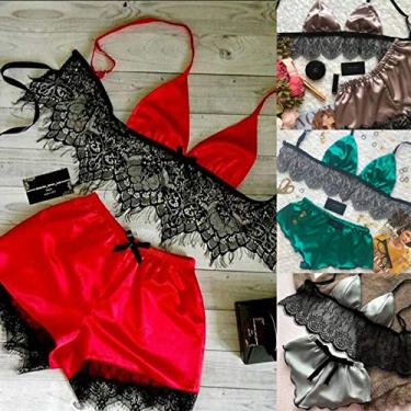Imagem de ifgswopq Conjunto de pijama feminino cetim renda pijama lingerie camisola pijama conjunto de roupa de dormir vermelho P (rosa pequeno)