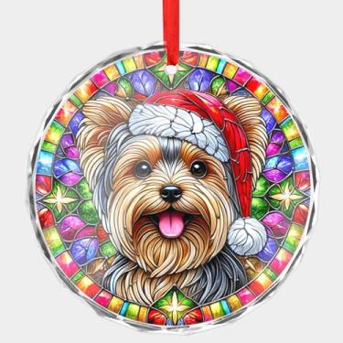 Imagem de Enfeite de Natal de cristal para amantes de cães Yorkshire Terrier, imagem de Yorkie em estilo de vitral com chapéu de Papai Noel, disco redondo de 7,6 cm (0,6 cm de espessura) com bordas chanfradas