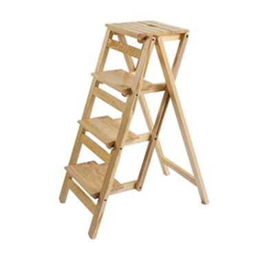 Imagem de Banqueta de escada com degraus de madeira maciça, dobrável, para biblioteca, banco, estante multifuncional, escada, degraus dobráveis para escritório, D (D)