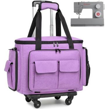 Imagem de Estojo para máquina de costura com rodas - Bolsa rolante para máquina de costura com almofada inferior removível e vários bolsos de armazenamento, compatível com Singer & Brother (Roxo)