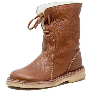 Imagem de Bigfanshu Botas de neve femininas de inverno bota média sólida amarrada pelúcia sapatos quentes plus size fácil de usar menina bota plana, Amarelo, 9.5