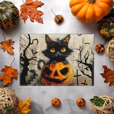 Imagem de Jogo americano de Halloween 29 x 43 cm – Design de outono com gato preto e abóbora, tapete de jantar lavável resistente ao calor para cozinha, mesa de centro e decoração de festa