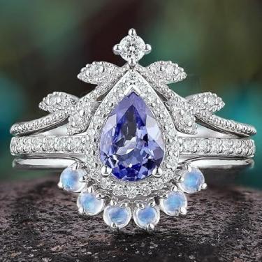 Imagem de Anel de safira incrustado com zircônia gota de água conjunto de joias de três peças para mulheres, 9, Metal, Zircônia cúbica