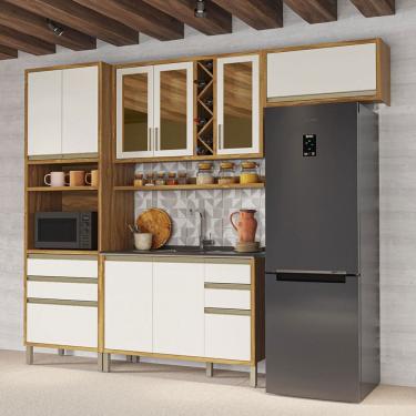 Imagem de Armário de Cozinha com Balcão para Pia 9 Portas 5 Gavetas Pérola 100% Mdf Vidro Reflecta Amêndoa/Off White - Pnr Móveis