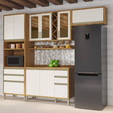 Imagem de Armário de Cozinha com Balcão e Tampo 9 Portas 5 Gavetas Pérola 100% Mdf Vidro Reflecta Amêndoa/Off White - Pnr Móveis