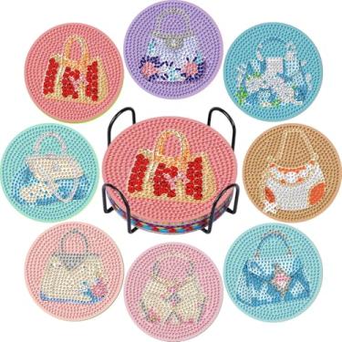 Imagem de CYNART Kit completo de 8 peças de porta-copos de arte de diamante com suporte, porta-copos de pintura de diamante, porta-copos para mulheres, adolescentes e iniciantes, presente de artesanato DIY