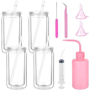 Imagem de Sibosen 10 peças de copos de globo de neve kit de copos transparentes de parede dupla pré-perfurados de 473 ml com tampa e canudo espremer garrafa funil pinça seringa dobrada para presente artesanal
