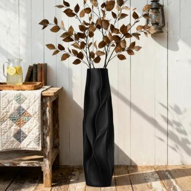 Imagem de GDSZJLJ Vaso de cerâmica preta – Vaso alto rústico feito à mão de 71 cm para flores e galhos secos, vaso decorativo grande para sala de estar, entrada e decoração de casa