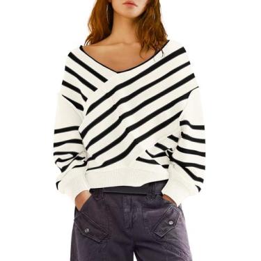 Imagem de Suéter feminino Panadila, listrado sem ombros, decote em V, branco, pr