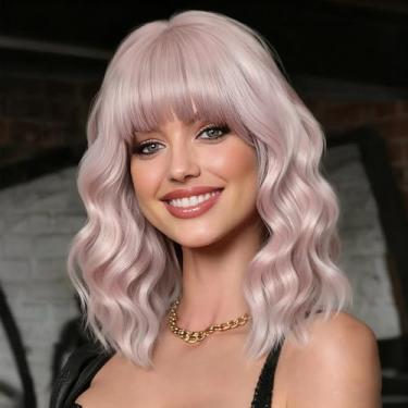 Imagem de Nnzes Peruca curta ondulada com franja para mulheres, comprimento dos ombros, encaracolado, rosa claro, fibra sintética resistente ao calor para uso diário e festa