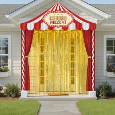 Imagem de Bafeil Decorações de barraca de circo, artigos de festa de carnaval - pano de fundo para varanda e cortinas com franjas douradas, adereços para sessão de fotos com tema de palhaço, aniversário, sala