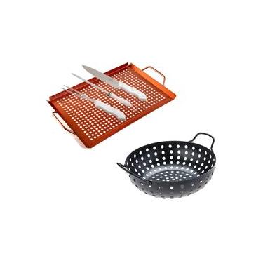 Imagem de Conjunto Churrasco 5 Pçs Wok Bandeja Faca Garfo Chaira Prana