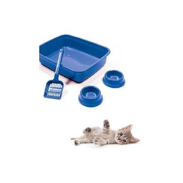 Imagem de Kit para Gato Bandeja Pá Comedouro Bebedouro Azul Power Pets