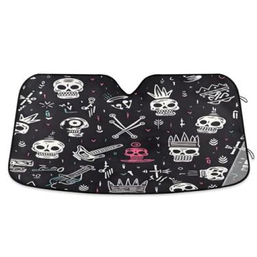 Imagem de ATTX Pára-brisas de carro com padrão de caveira colorida 144.8 cm x 80.0 cm Escudo solar universal com proteção UV, persiana de janela frontal automática dobrável para caminhões Sedans SUVs #412
