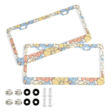 Imagem de SEHANY Molduras de placa de licença de flores florais coloridas, capas de moldura de placa de carro de alumínio à prova de ferrugem com orifícios elípticos e parafusos serve para veículos padrão dos