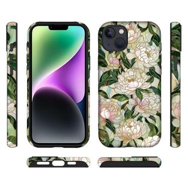 Imagem de ilikediy Capa híbrida para iPhone 13/14 com 2 camadas rígidas de silicone com estampa protetora - flores de peônia de vitral