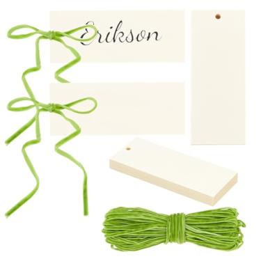 Imagem de PH PandaHall 30 cartões de nome para mesa com cordão de fita de nylon verde amarelo de 16,4 m, etiquetas de mesa, cartões de casamento para decoração de mesa de festa de buffet, 9,99 x 4 cm