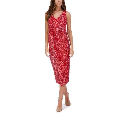 Imagem de Siena Vestido midi feminino sem mangas com decote em V listrado de lantejoulas, Vermelho/prata, 40