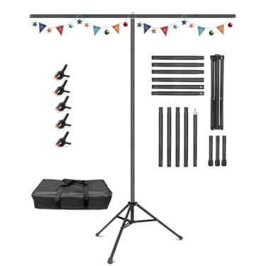 Imagem de HEMMOTOP Suporte de pano de fundo em forma de T, kit portátil de 2,4 x 2,1 m (AxL) para festas, suporte de tela verde apenas com 5 grampos de mola e estojo de transporte, suporte de banner para sessão