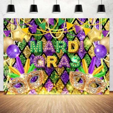 Imagem de Pano de fundo de máscara de carnaval de 3 x 2,4 m, contas douradas roxas e verdes, cenário fotográfico para festa de carnaval, aniversário, dança, casamento, despedida de solteira, banner, adereços de