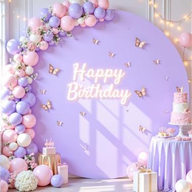 Imagem de Capa de fundo redonda roxa 1,8 m lilás lavanda círculo arco capa de fundo chá de bebê festa de aniversário balão foto de casamento círculo redondo arco suporte capa de tecido elastano