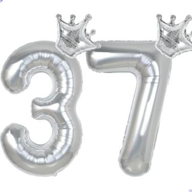 Imagem de 37 números de balões de 101,6 cm para decorações de aniversário de 37 anos para homens e mulheres, decoração de aniversário de 37 anos de Mylar gigante para ele e ela
