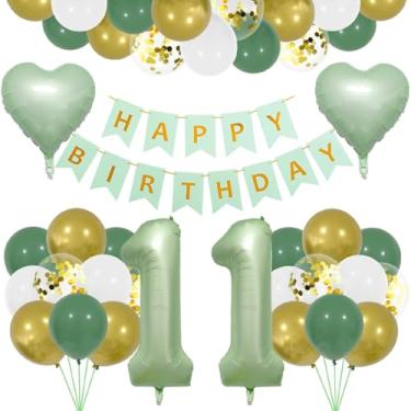 Imagem de Conjunto de balões verde-oliva para 11 anos, decoração de aniversário de 11 anos, guirlanda de aniversário de 11 anos, decoração de guirlanda de 11 anos para meninas e meninos, decoração de 11 anos