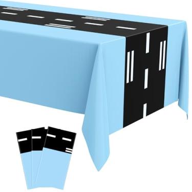 Imagem de Teenyyou 3 Pcs Racetrack Tablecloth Airplane Birthday Party Tablecloth 54 x 108 Inch Table Cover for Racing Airplane Car Theme Boys Party Decorations Supplies (Black,Light Blue)