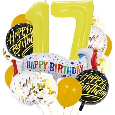 Imagem de Balões amarelos número 17. Balões de alumínio grandes de aniversário amarelos, balões coloridos de 17 anos para decoração de festa de aniversário de 17 anos, suprimentos para decoração de festa de