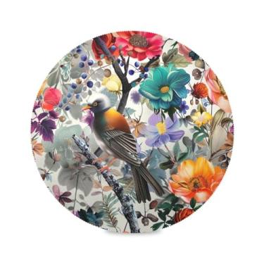 Imagem de JUZIHAI Jogo americano de flores com pássaros coloridos, conjunto de 6 tapetes redondos de 38 cm, laváveis e antiderrapantes resistentes ao calor, para decoração de cozinha, festas de fim de ano