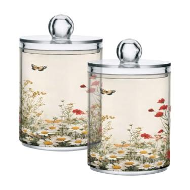 Imagem de Qilmy Qtip Suporte de boticário de 400 ml, frasco de plástico transparente vintage de flores exuberantes com tampa, dispensador de recipiente de banheiro para bola de algodão, cotonete, fio dental