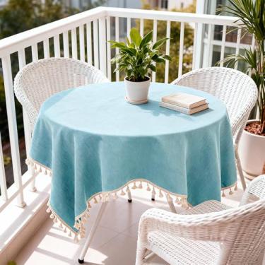 Imagem de Toalha de mesa redonda, acabamento de borla creme, decoração minimalista para mesas pequenas, capa de mesa de café e jantar (azul, 61 cm)