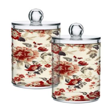 Imagem de Qilmy Qtip Suporte de boticário de 400 ml, frasco de plástico transparente floral vermelho vintage com tampa, dispensador de recipiente de banheiro para bola de algodão, cotonete, fio dental, pacote