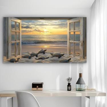 Imagem de Arte de parede em tela rústica Tartarugas na praia - Pôster sem moldura de 30 x 61 cm - Decoração de casa e escritório para sala de estar, quarto, cozinha e café